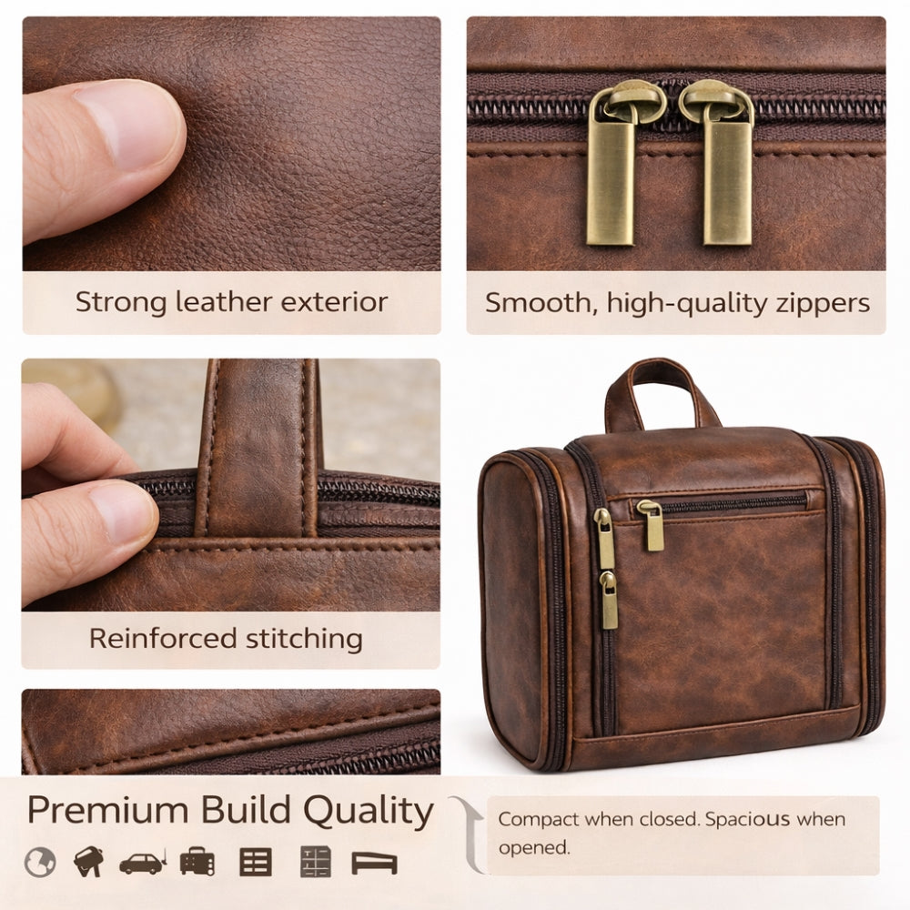 Men’s Hanging Toiletry Bag Leather with Multiple Compartments | Waterproof Travel Grooming Organizer