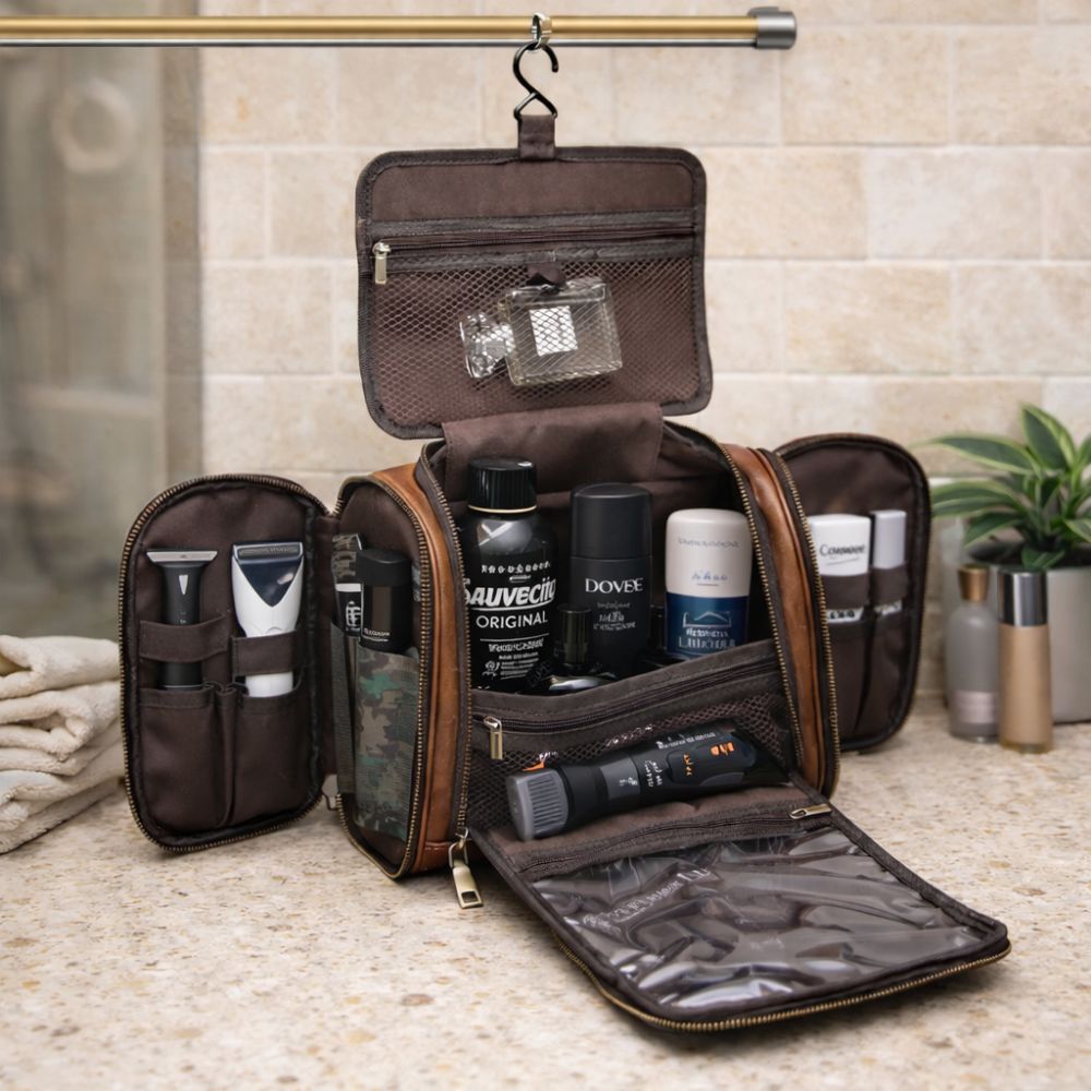 Men’s Hanging Toiletry Bag Leather with Multiple Compartments | Waterproof Travel Grooming Organizer
