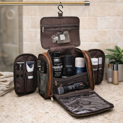 Men’s Hanging Toiletry Bag Leather with Multiple Compartments | Waterproof Travel Grooming Organizer