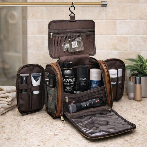 Men’s Hanging Toiletry Bag Leather with Multiple Compartments | Waterproof Travel Grooming Organizer