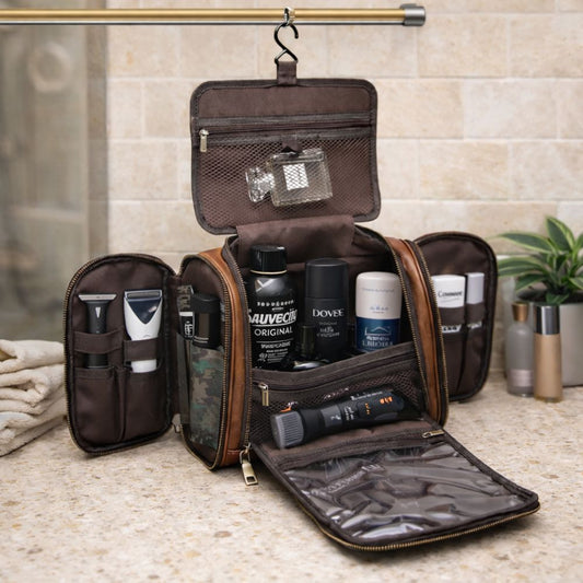 Men’s Hanging Toiletry Bag Leather with Multiple Compartments | Waterproof Travel Grooming Organizer